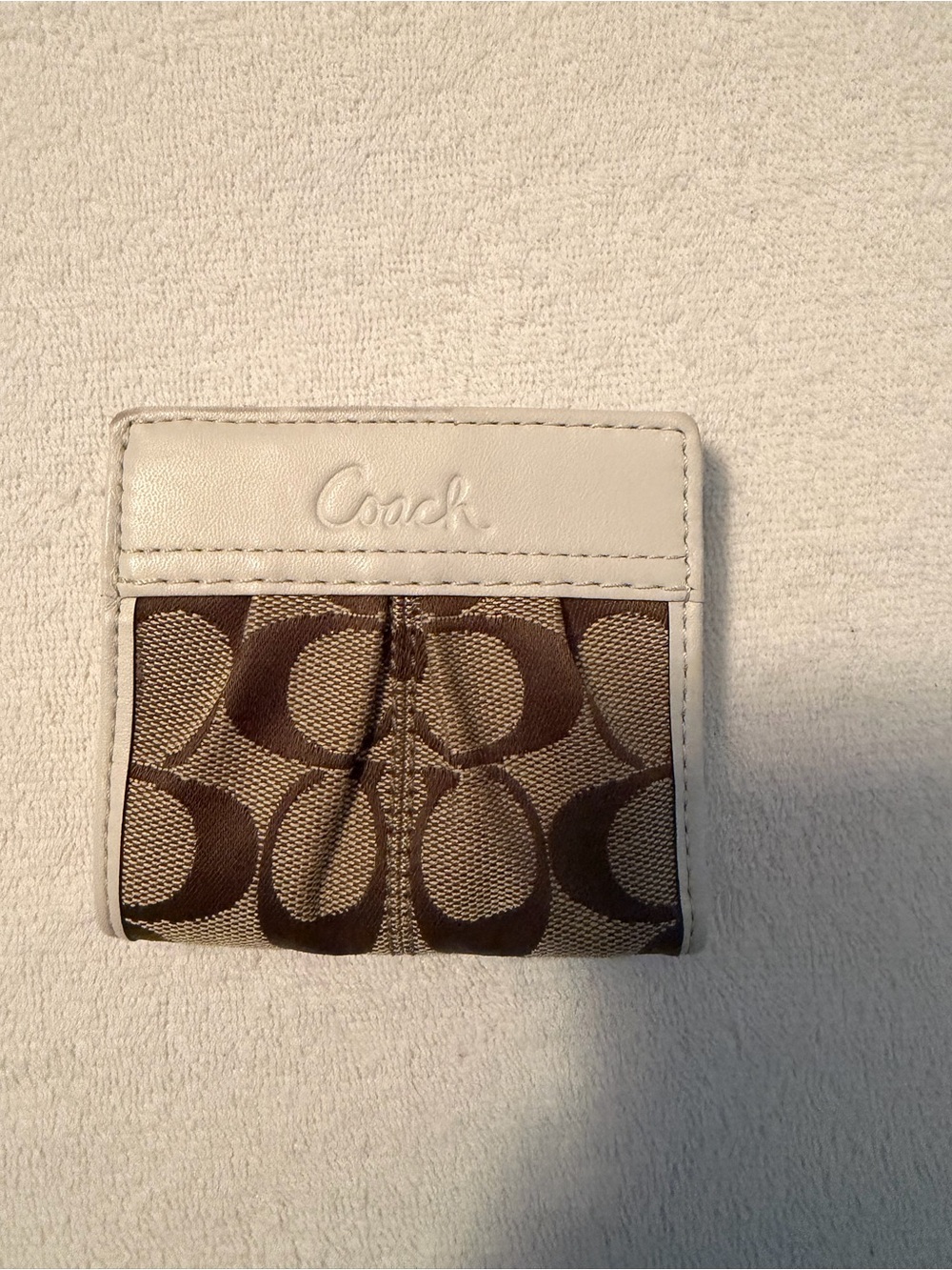 Coach Brown Signature Canvas Compact Wallet with Cream Trim